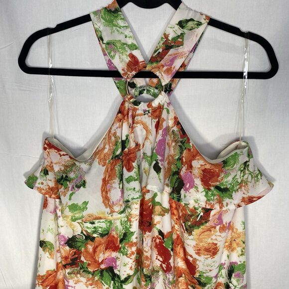 ENTRO Dress Floral Halter Cold Shoulder Ruffle Mini Flowy Boho L Anthropologie - Picture 1 of 10